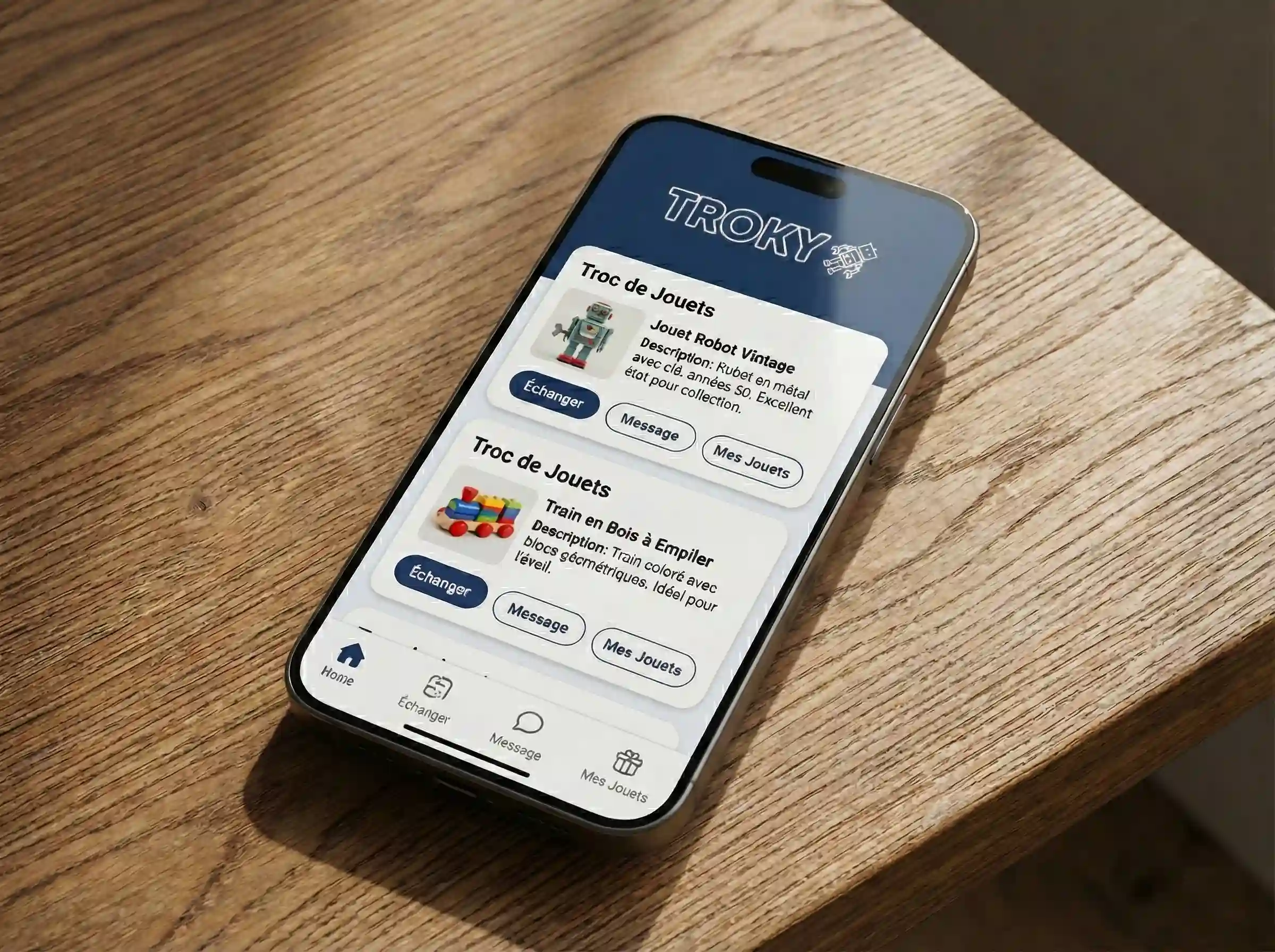 Troky - Application mobile de troc de jouets et jeux de société. Marketplace C2C d'économie circulaire. Développement MVP Node.js sur mesure.